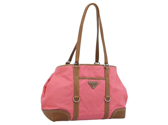 Bolsa Tote PRADA de couro e nylon rosa prata Auth 183896V