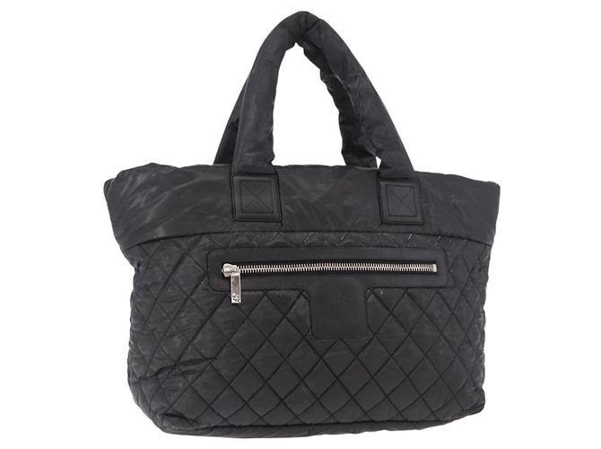 Bolsa Tote CHANEL Cococoon Nylon Preto Silver CC Auth BA13097 Prata