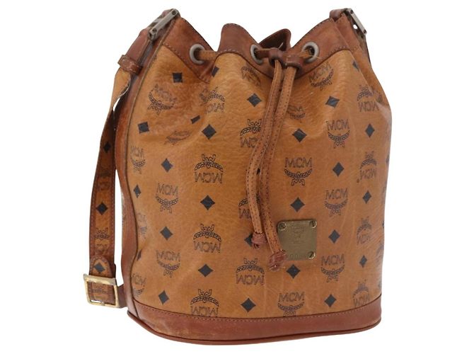 Bolsa de Ombro MCM Vicetos Logogram PVC Couro Marrom Ouro Auth 183974 Dourado