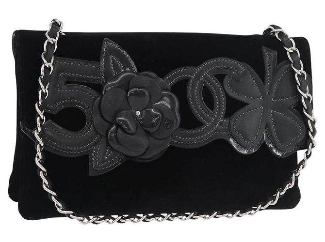 CHANEL Chain Camelia Schultertasche Samt Schwarz Silber CC Authentisch 181910V