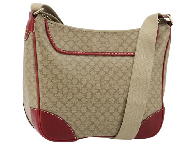 Céline Bolsa de Ombro CELINE Macadam Canvas PVC Couro Bege Ouro Auth 182083 Dourado
