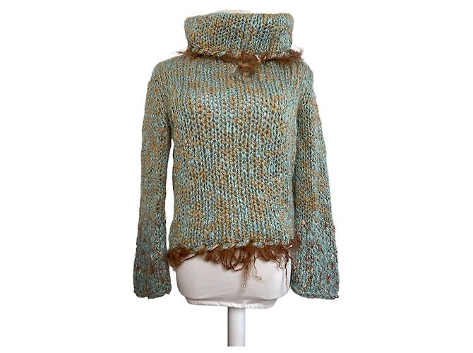 Vintage Escada Wollpullover mit Pelzbesatz Aqua Beige M Türkis