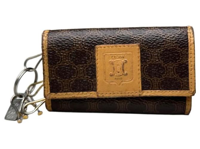 Céline Vintage Celine Embossed Leather Key Case Brown Tan Gold