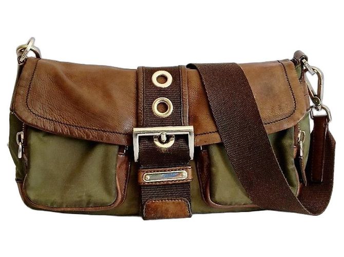 Bolsa tiracolo Prada em nylon e couro castanho e verde Marrom