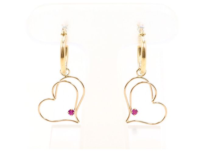 Autre Marque Pendientes de aro en oro de 14K con rubí Dorado