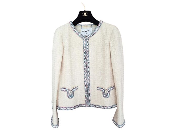 Chanel Ivory Tweed Jacket with Multicolor Trim White Multiple colors