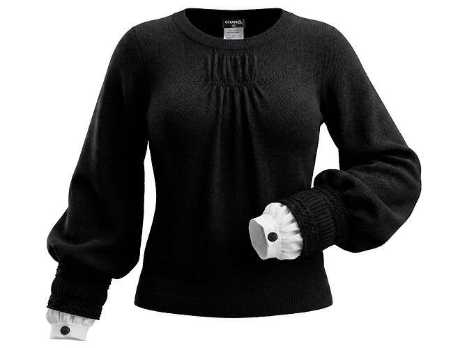 Chanel Strickpullover Schwarz mit Seidenvolant-Bündchen Weiß 