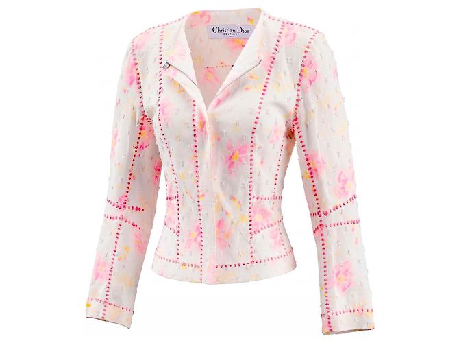 Chaqueta Christian Dior de algodón blanco con estampado floral rosa