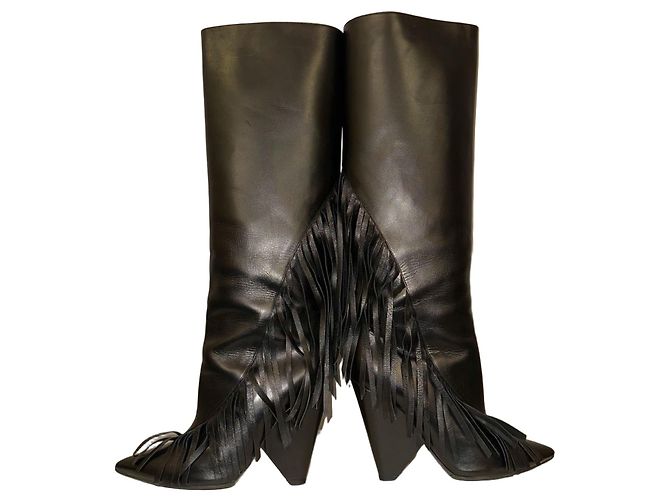 Saint Laurent Niki Botas Altas de Cuero Negro con Flecos