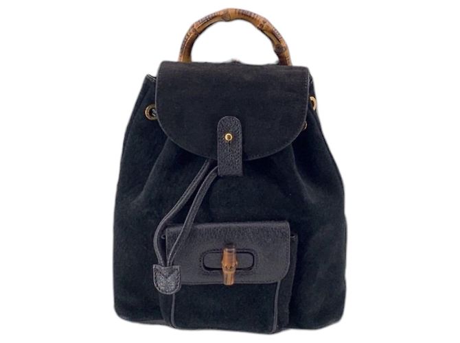 Gucci Vintage Black Suede Small Bamboo Backpack Shoulder Bag
