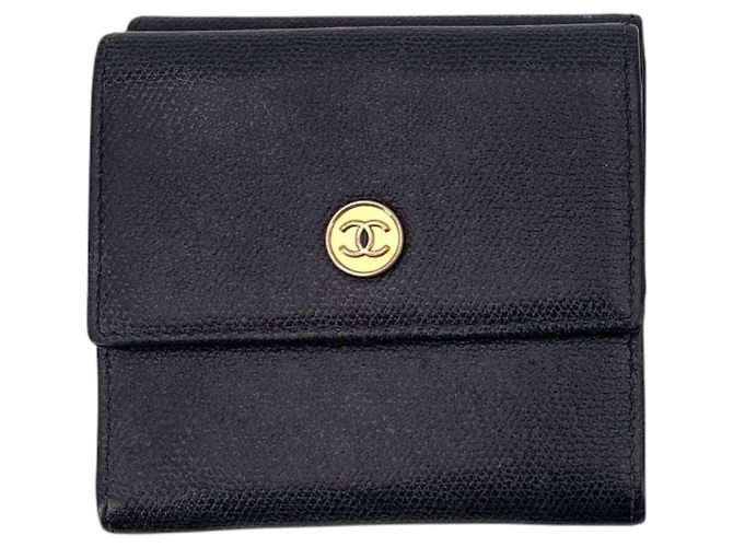 Timeless Chanel Vintage Black Leather Double Compact Coco Wallet