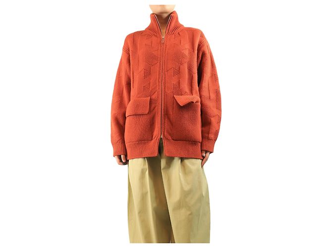 Hermès Orangefarbener Wollstrickjacke mit Reißverschluss - Größe UK 10