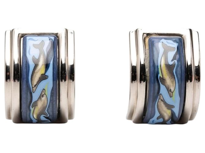 Hermès Blue Enamel Dolphin in Sea Cloisonne Clip on Earrings 