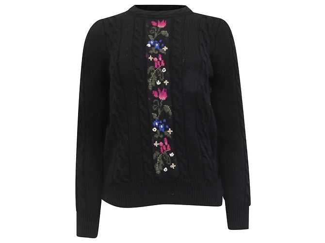 Saint Laurent Floral Cable Knit Pullover aus schwarzer Wolle