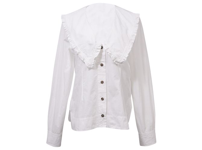 Top Ganni Maxi Ruffled Collar in cotone bianco
