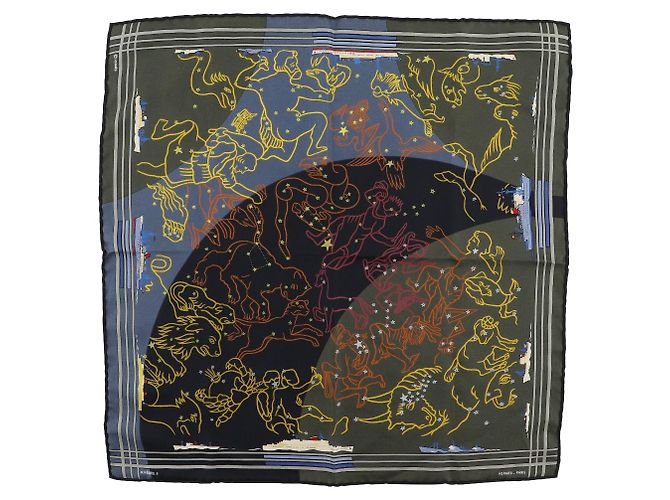 Lenço de seda Carré 45 Hermès Preto Multicor Laranja Caqui Amarelo Azul marinho