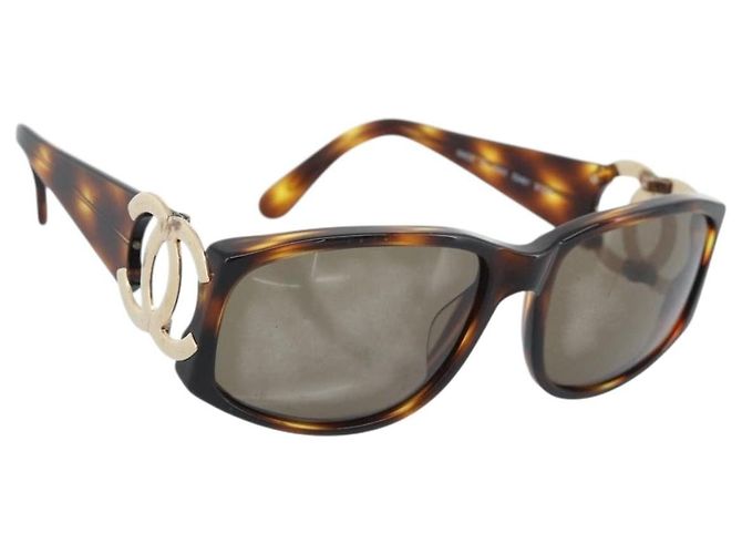 Óculos de sol CHANEL estampa de tartaruga plástico marrom ouro CC Auth bs35421 Dourado