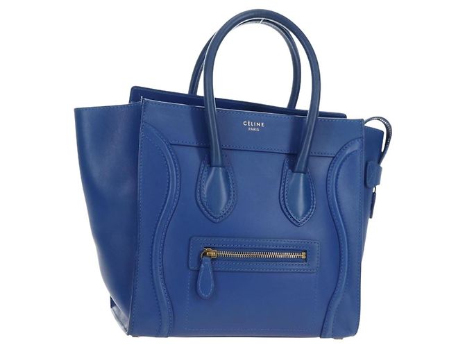 Céline Bolsa CELINE Micro shopper de couro azul ouro Auth 183645V Dourado