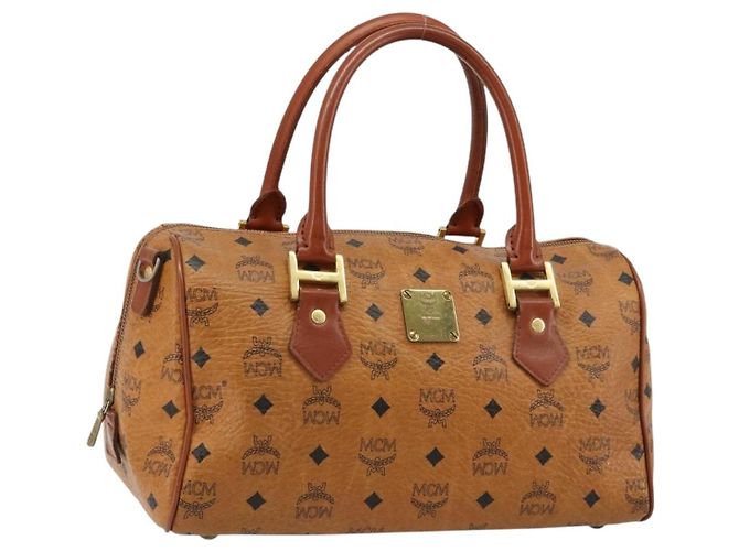 Bolsa Boston MCM Vicetos Logogram PVC Couro Marrom Ouro Auth 182670 Dourado