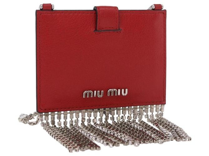 Miu Miu Chain Shoulder Card Case Leather Red Silver Auth 182957SM Silvery