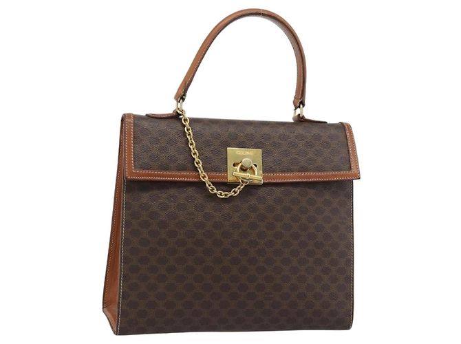 Céline CELINE Macadam Canvas Hand Bag PVC Leather Brown Gold Auth 183407 Golden