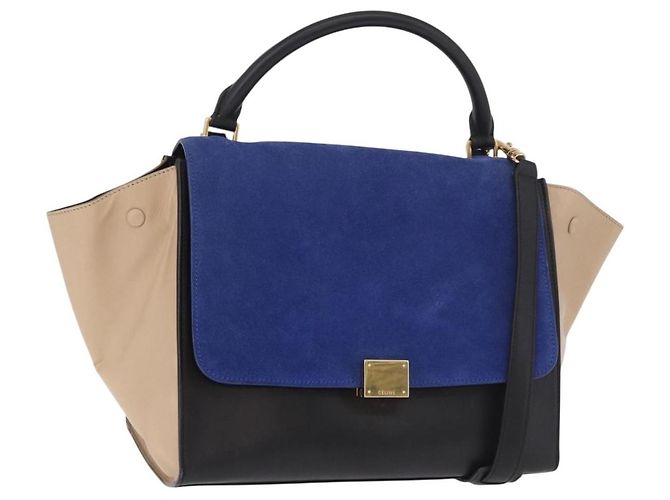 Céline Bolsa CELINE Trapeze de couro 2way Preta Ouro Auth 183043 Preto Dourado