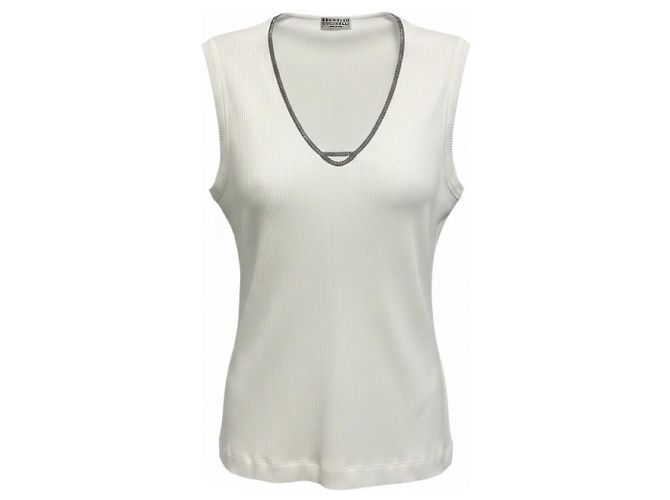 Top de algodão elástico canelado branco Brunello Cucinelli com detalhe de corrente Monili