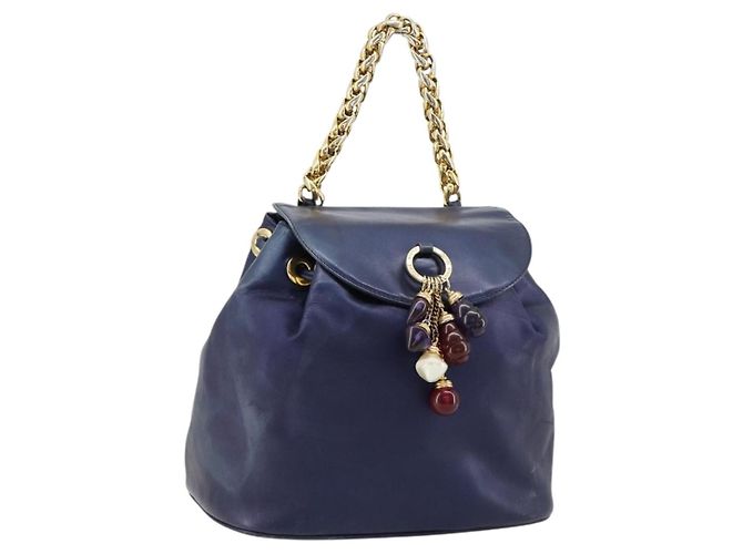 LOEWE Chain Hand Bag Leather Purple Gold Auth 182917A Golden
