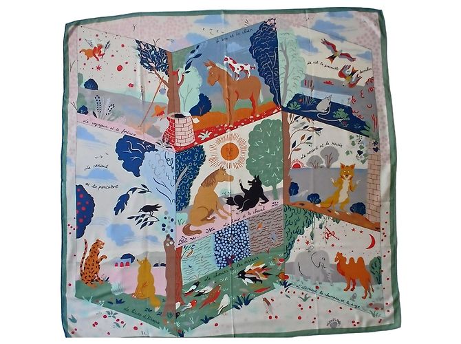 Hermès Sciarpa 140 Le Livre d'Esope Seta e Cashmere Marrone Rosa Bianco Multicolore Beige Verde