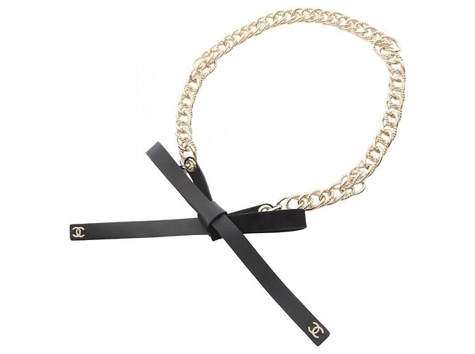 Cinturón de cadena con cinta Chanel Coco Mark Negro Dorado