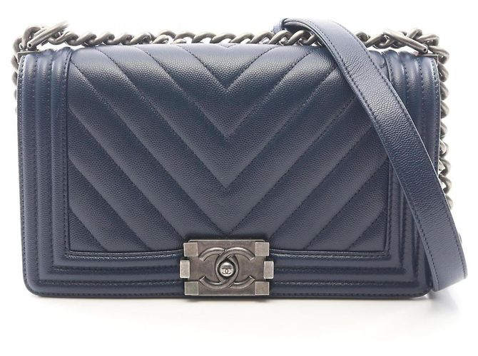 Borsa a tracolla Chanel Boy Chevron V-stitch Blu navy