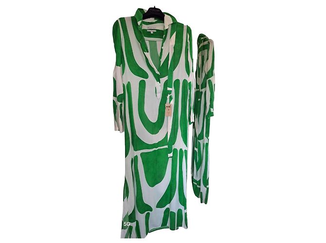 Autre Marque Kiwi Saint-Tropez Maxikleid mit abstraktem Print Weiß Grün