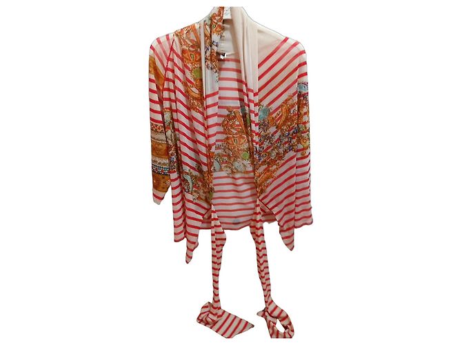 Jean Paul Gaultier Soleil Netz-Cardigan Barockprint Weiß Rot Mehrfarben