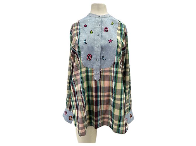 Autre Marque Karo- und Patchwork-Bluse Blau