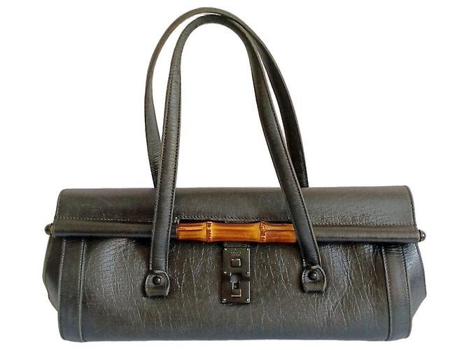 Gucci Bamboo Borsa a Mano in Pelle Nera Nero