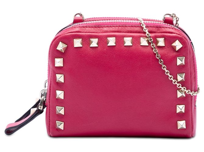 Bolsa transversal Valentino Pink Leather Rockstud Double Zip Chain Rosa