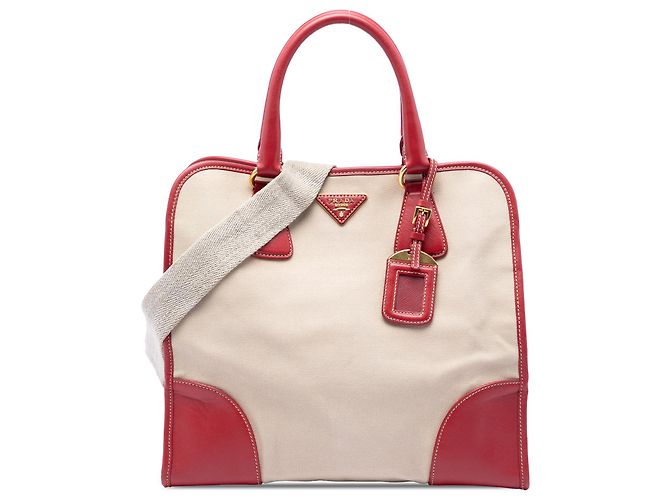Bolsa Prada Beige Saffiano Trimmed Canvas Canapa Logo Bege