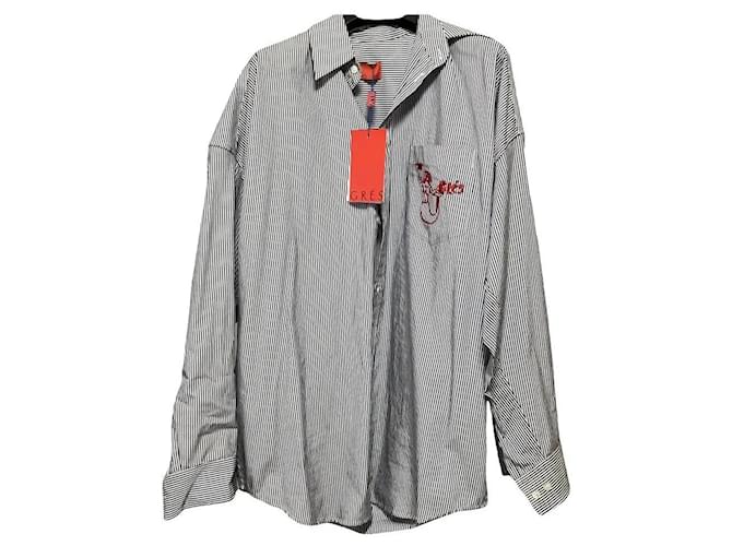 Autre Marque GRES Striped Oversized Cotton Shirt with Mermaid Embroidery White Blue 