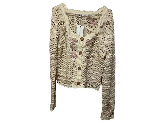 LoveShackFancy Cárdigan de punto bordado Rosa Beige Crudo