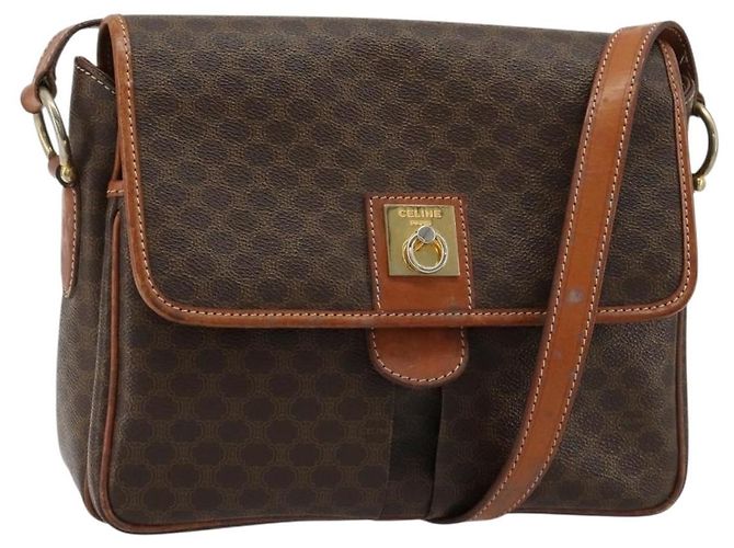 Céline Bolsa de Ombro CELINE Macadam Canvas PVC Couro Marrom Ouro Auth gh2130 Dourado