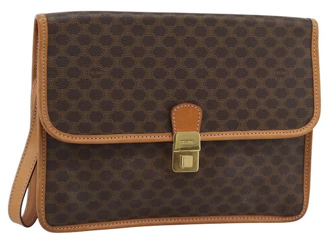 Céline Clutch CELINE Macadam Canvas PVC Pelle Marrone Oro Auth 183398A D'oro
