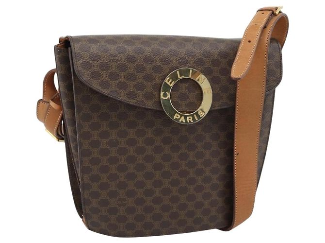 Céline CELINE Macadam Canvas Rund Schultertasche PVC Leder Braun Gold Auth 183857A Golden