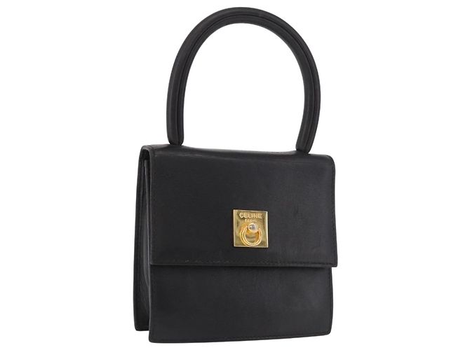 Céline Bolsa CELINE de couro preto e dourado Auth 183388A