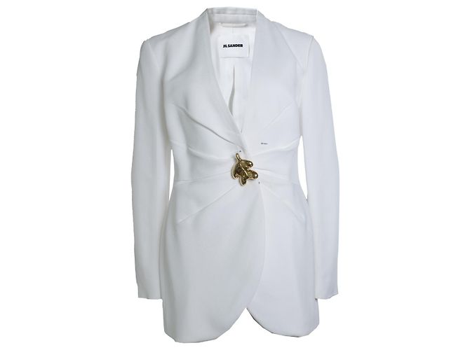 Jil Sander, geraffte Crêpe-Jacke mit Blatt-Brosche Weiß