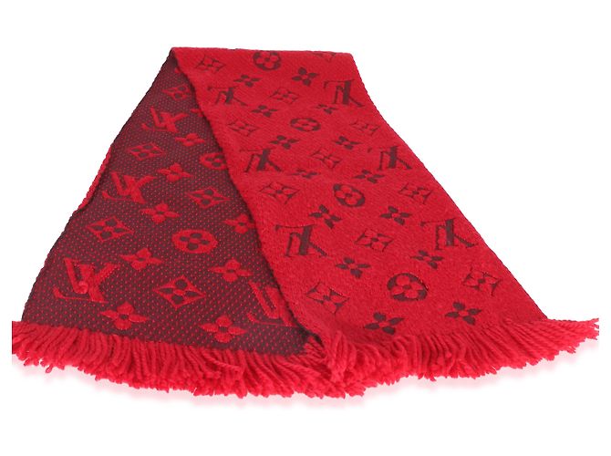 Louis Vuitton Red Monogram Wool Logomania Schal mit Fransen