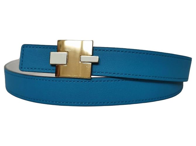 Cinto Hermès Reversível 24mm Couro Azul e Branco Ouro