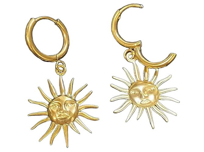 Autre Marque Pendientes de Aro Dorados con Rostro de Sol