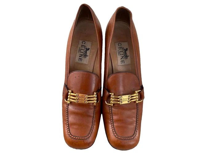 Céline Brown Leather Heeled Loafers with Gold Buckle