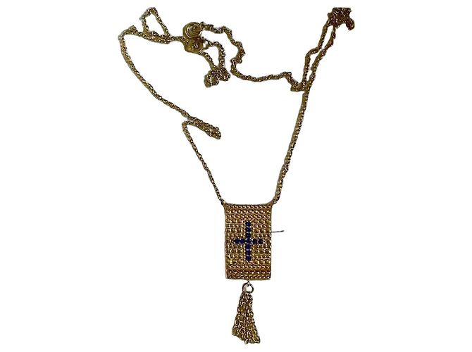 Autre Marque Collana Placcata Oro con Pendente a Croce e Zirconi Blu D'oro