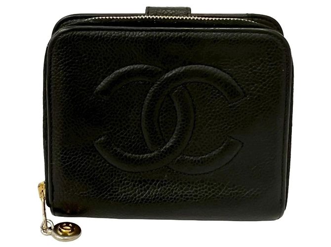 Chanel Coco Mark Vintage Caviar Leather Bi-fold Wallet Black